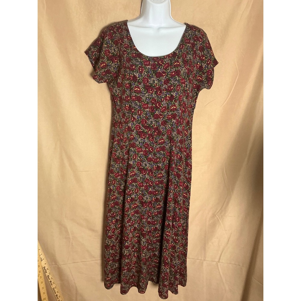 Ulterior Motives Maxi Dress Womens 11/12 Red Floral Good Vintage 90s Rayon Scoop